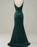 Dark Green Spaghetti Straps  Sequin Prom Dress With Split