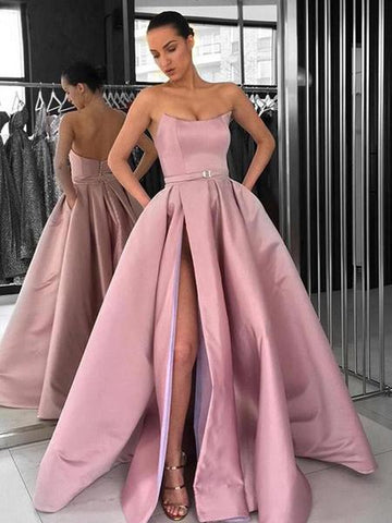 Satin Strapless Pockets Sexy Slit Dusty Pink Ball Gown Prom Dress