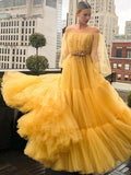 Long Sleeves Tulle Beading Off The Shoulder Yellow Prom Dress