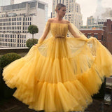 Long Sleeves Tulle Beading Off The Shoulder Yellow Prom Dress