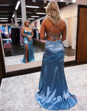 Spaghetti Straps Blue Prom Dress With Split