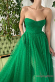 Green Tulle Long Strapless Prom Dress with High Slit