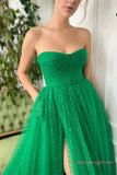 Green Tulle Long Strapless Prom Dress with High Slit