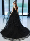 V Neck Backless Black Tulle Ruffles Long Prom Dress