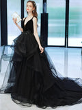 V Neck Backless Black Tulle Ruffles Long Prom Dress