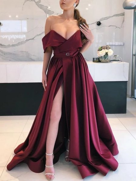 2021 Off The Shoulder Burgundy Satin Prom Dress With Slit – Sassymyprom