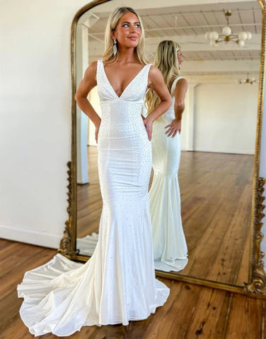 Mermaid  V Neck Beadign White Long Prom Dress