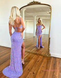 Open Back Long Purple Sequin Prom Dress With Slit