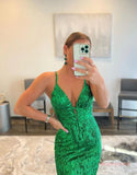 Mermaid Spaghetti straps Green Sequin Prom Dress