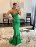 Mermaid Spaghetti straps Green Sequin Prom Dress
