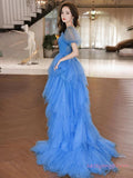 High Low Short Sleeve Ruffles Blue Tulle Prom Dress