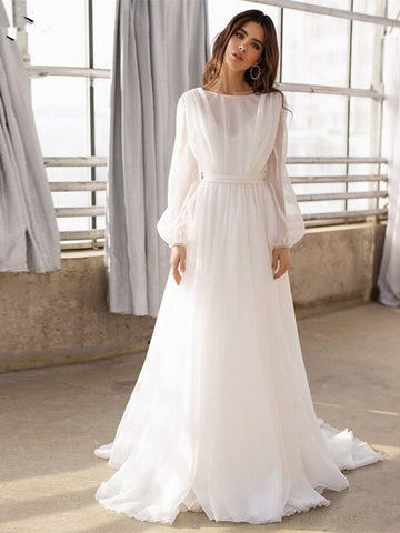 Long Sleeve Chiffon Backless A Line See Through Wedding Dress