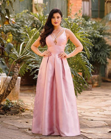 Pink V Neck Satin Floor Length A Line Sleeveless Prom Dress With Bow