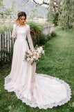 Long Sleeve Scoop Lace A Line Sweep Train Wedding Dress
