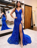 Blue Mermaid V-Neck Long Prom Dress With Split