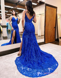 Blue Mermaid V-Neck Long Prom Dress With Split