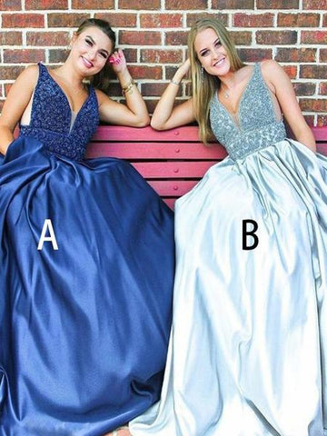 Mismatched Beading Satin Blue V Neck Sleeveless Prom Dress