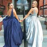 Mismatched Beading Satin Blue V Neck Sleeveless Prom Dress