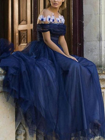 Off Shoulder Fashion Flowers Navy Tulle A-Line Prom Dress