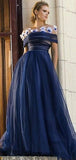 Off Shoulder Fashion Flowers Navy Tulle A-Line Prom Dress