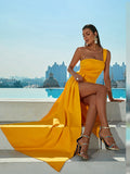 Yellow One Shoulder Satin Prom Dress With Slit