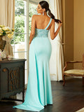 Mint One Shoulder Satin High Low Ruched Prom Dress