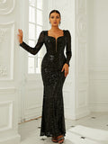 Black Sweetheart Long Sleeve Sequin Prom Dress