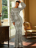 Silver Long Sleeve Sequin Trumpet Mermaid Prom Dress