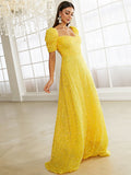 Yellow Short Sleeve Sequin A Line Prom Dres