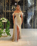Gold Sequin Off The Shoulder Sheath Column Prom Dress