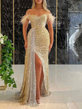 Gold Sequin Off The Shoulder Sheath Column Prom Dress