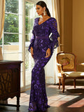 Purple Log Sleeve Trumpet Mermaid Sequin Prom Dress