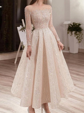 Long Sleeve Champagne Party Dress