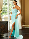 Mint One Shoulder Satin High Low Ruched Prom Dress