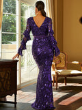 Purple Log Sleeve Trumpet Mermaid Sequin Prom Dress