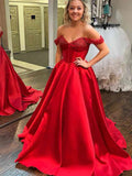 Satin A Line Red Off The Shoulder Formal Prom Dress