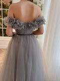 Gray Tulle Flower Off The Shoulder A Line Prom Dress With Slit