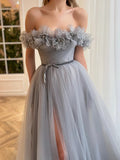 Gray Tulle Flower Off The Shoulder A Line Prom Dress With Slit