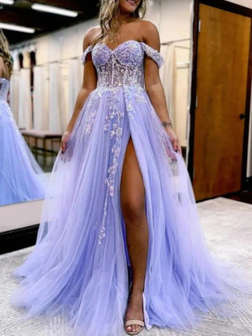 Lace Long Off Shoulder Purple Prom Dresses with High Slit