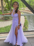 One Shoulder Floral Purple A Line Prom Dress With Slit