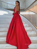 One Shoulder Red Satin  Prom Dress with High Slit
