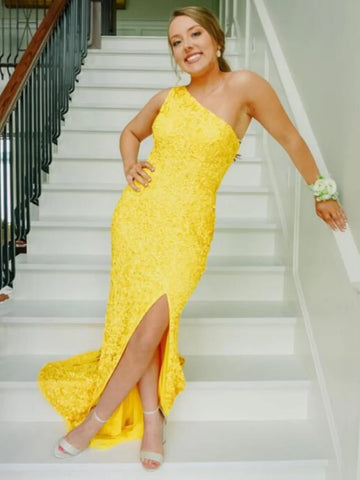 Sequin Mermaid One Shoulder Yellow Prom Dress With Slit
