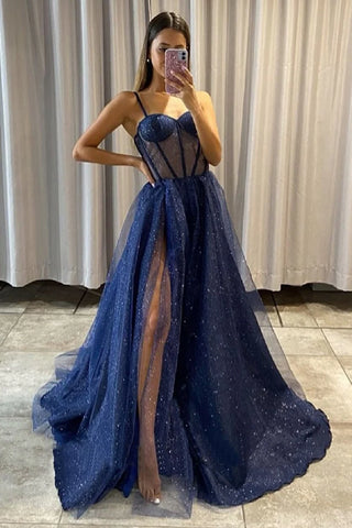 Tulle Bling Bling Navy Blue Prom Dress With Slit