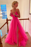 Hot Pink Blackless Tulle Pleated Long Prom Dress