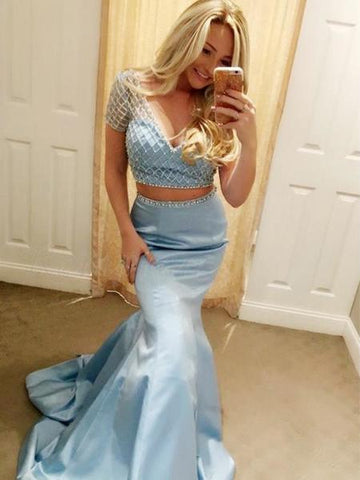 Two Piece Beading Sexy Pale Blue Mermaid Prom Dress