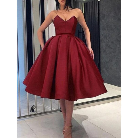  Sweetheart Burgundy Knee-Length Ball Gown Satin Ruffles Homecoming Dress