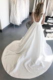 White Satin Deep V-neck Backless Wedding Dress With Pocket