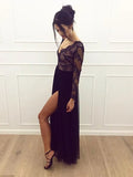 A Line Long Sleeves V Neck Lace Black Prom Dress with Split