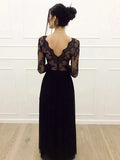 A Line Long Sleeves V Neck Lace Black Prom Dress with Split