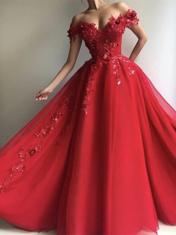 Appliques Sequins Tulle Red Long A Line Off Shoulder Prom Dress